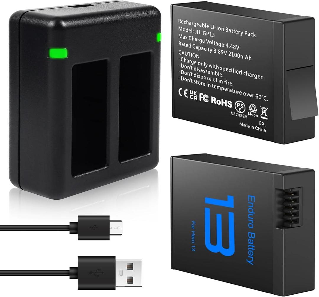 REYTRIC Upgrade 2-Pack 2100mAh Hero 13 Replacement Batteries for GoPro Hero 13 Black with 2-Channel Battery Charging Station Fully Compatible with GoPro Hero 13 AEBAT-201 AEBAT-001 AEDBD-201 Battery