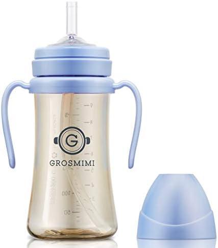 GROSMIMI Spill Proof no Spill Magic Sippy Cup with Straw with Handle for Baby and Toddlers, Customizable, PPSU, BPA Free 10 oz (Sky Blue)