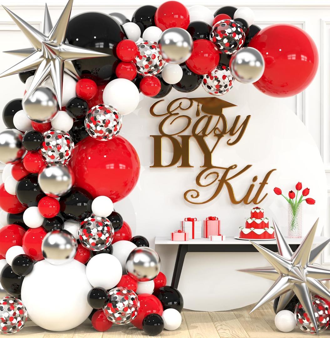 ALL-IN-1 Red Black and White Balloon Arch Kit for Red and Black Birthday Party Decorations  Reds and Blacks Balloons for White Black and Red Balloon Garland Kit  Graduation Black and Red Balloons