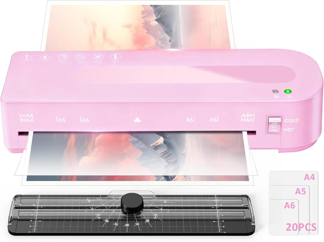 Laminator Machine with 20 Laminating Sheets, A4 Laminators Hot & Cold withTrimmer, 9 Inch Laminating Machine for Office, School, Business and Home (Pink)