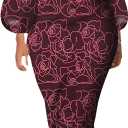 BestGirl Women's Bishop Sleeve Bodycon Dresses Work Casual Floral Print Pencil Midi Dresses (Small, E Burgundy)