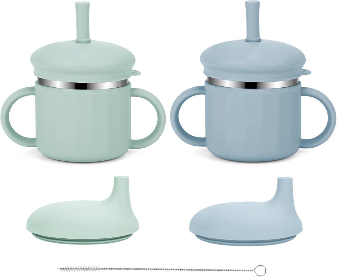 Upgrade Stainless Steel Baby Sippy Cups, 7.4 Oz Spill Proof Toddler Straw Cups, 3 Stages Training Cup for Toddlers 1-3 Year, Kid Cups with Silicone Sheel and Straws (Blue+Green)