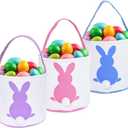 HSgoAek 3 PCS Easter Bunny Basket Bags for Kids - Canvas Cotton Carrying Gift and Eggs Hunt Bag, Easter Gift Basket with Tails Printed Rabbit (Purple, Blue, Pink)