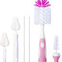 CAREBABYMORE Baby Bottle Brush Set with Nipple Cleaner and Suction, 10.2" Cleaning Brush and 6.5" Sponge Bottle Brush with A Replacement Brush Head and Two 6.7" Straw Brushes, Pack of 5 (Pink)