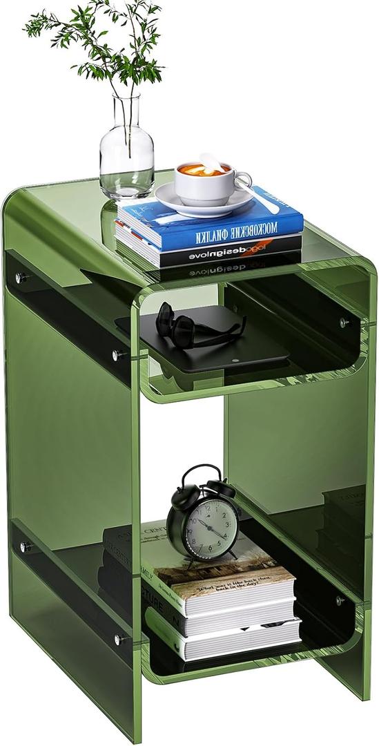 Clear Acrylic Side Table, Narrow Nightstand Bedside Table for Bedroom, Skinny Small End Table (Green Wide, 11.8'' x 15.7'' x 21.7")