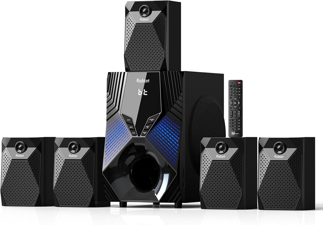 Bobtot Home Theater System, 1000 Watts Peak Power Surround Sound Systems 5 Wired Satellite Audio Speakers 8" Subwoofer 5.1/2.1 Channel Deep Bass with ARC Optical Bluetooth AUX Input