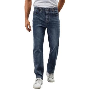 Mens Elastic Waist Jeans Relaxed Fit Stretch Denim Pants Straight Leg Jean with Zipper (Large, Dark Indigo)