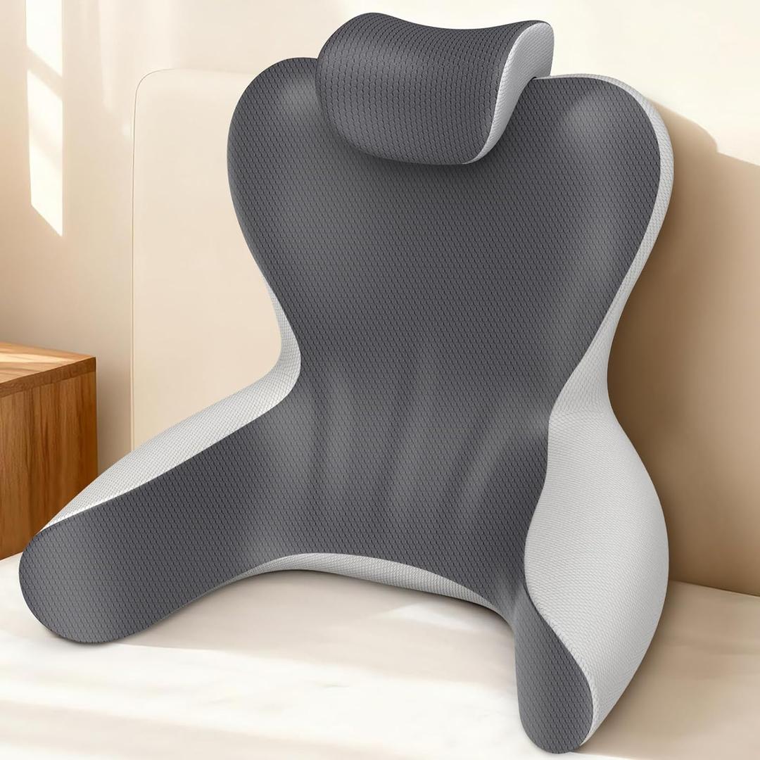 Reading Pillow for Sitting in Bed, 22H Bed Rest Pillows with Arms, Back Pillows for Sitting Up, Ergonomic Lumbar Support Cushion for Reclining, Gaming, Work, Resting, Watching TV, (Grey&Darkgrey)