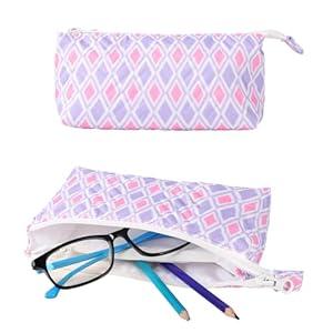 Soft Eyeglass Cases for Women Men Sunglasses Case with Clip Glasses Holder With Cleaning Cloth (Double zipper bag - Purple pink diamond check)