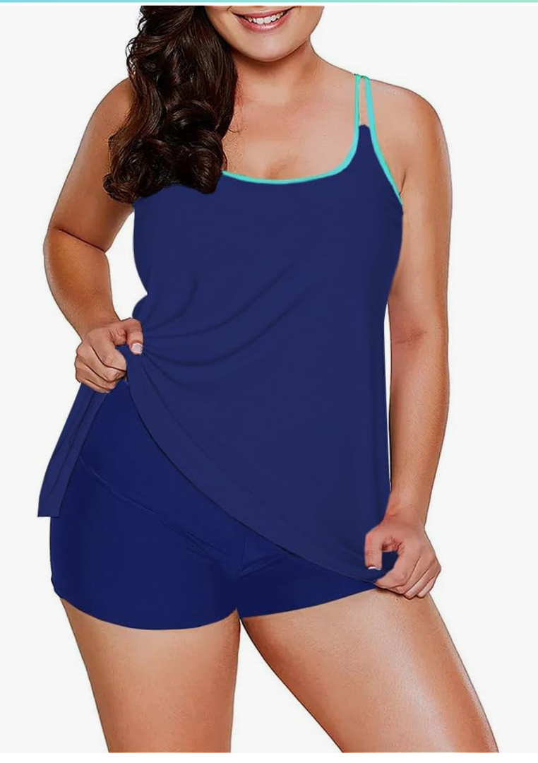 Womens 2025 Tankini Swimsuits Tummy Control Flowy Swimwear Two Piece Bathing Suits Swim Tank Top with Boyshorts Blue XL