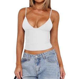 REORIA Butsmooth Womens Sexy V-Neck Sleeveless Double Lined Going Out Y2K Trendy Cami Shirt Cropped Tank Tops (Small, White)