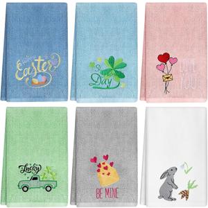 6 Pcs Valentine's Day Hand Towels for Bathroom 13.8 x 29.5'' Holiday Decorative Bath Towels Set Cotton Embroidered Heart Letter Car Egg Clover Rabbit Easter Gift Set