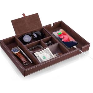 Baoyun Mens Nightstand Organizer, Leather Valet Tray for Men, EDC Catchall Tray with Phone Charging Station, Dresser Top Organizer, 6 Compartments Entryway Valet Box for Wallet, Keys, Phone