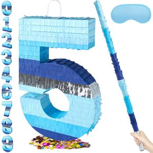PCFING 20 Inch Number 5 Piata Blue Silver with 30 Inch Piata Stick Blindfold Confetti for Boys Girls Adults Birthday Party Decorations, Anniversary Celebration, Fiesta