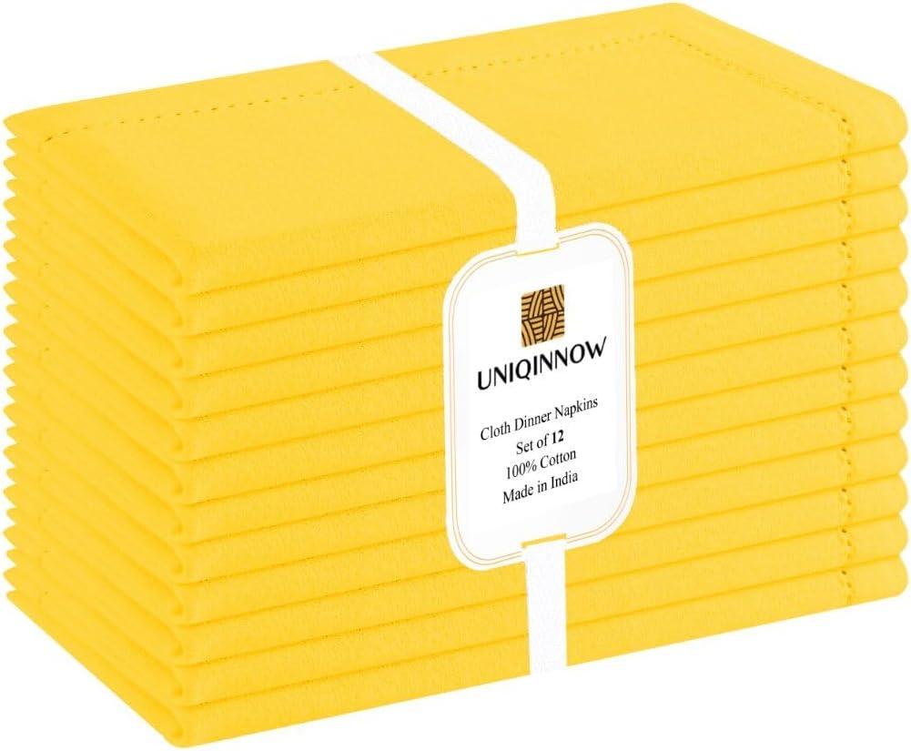 Set of 12 Hemstitch Cloth Dinner Napkins Cotton - Soft Durable Washable - Ideal for Farmhouse Party Wedding Christmas Easter - Perfect Everyday Use Table Linen Cloth Napkins 18x18 Yellow