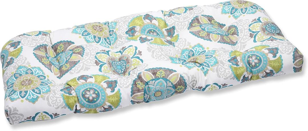 Pillow Perfect Floral Indoor/Outdoor Sofa Setee Swing Cushion, Tufted, Weather, and Fade Resistant, 19" x 44", Blue/Green Allodala, 1 Count