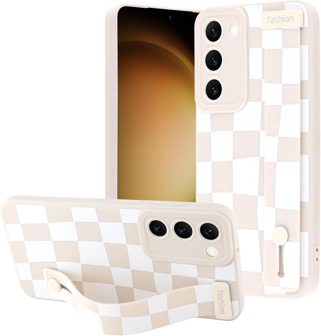 OOK Compatible with Samsung Galaxy S23 Plus Silicone Phone Case with Strap, Trendy Checkerboard Pattern for Women Girls, Adjustable Finger Strap Kickstand Slim Protective Cover, White Checkered