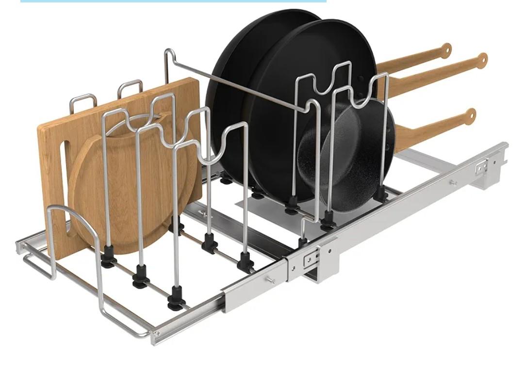 Pots and Pans Pull Out Organizer Under Cabinet, Adjustable Slide Out Pan and Pot Lid Rack Holder, Wire Dividers Kitchen Organization And Storage, Full-Extension Rail 12" W X 20" D