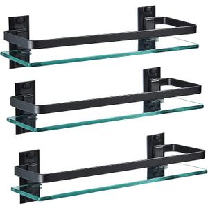 AIJALY 3 Pack Bathroom Glass Shelf,Aluminum Tempered Glass 0.34in Extra Thick Rectangular 1 Tier Storage Organizer Wall Mount,Black 15.7in