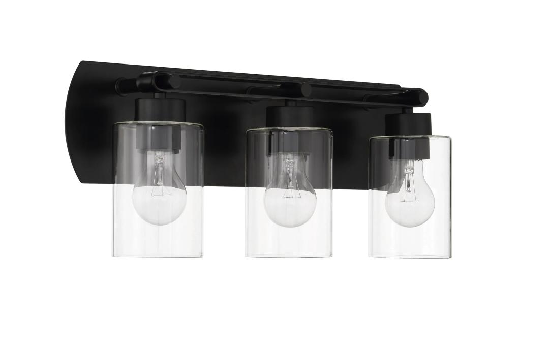 3 Light Bathroom Light Fixtures, Modern Black Vanity Lights Over Mirror, Wall Sconce with Clear Glass Shade and Metal Base, Matte Black Vanity Lights for Bathroom