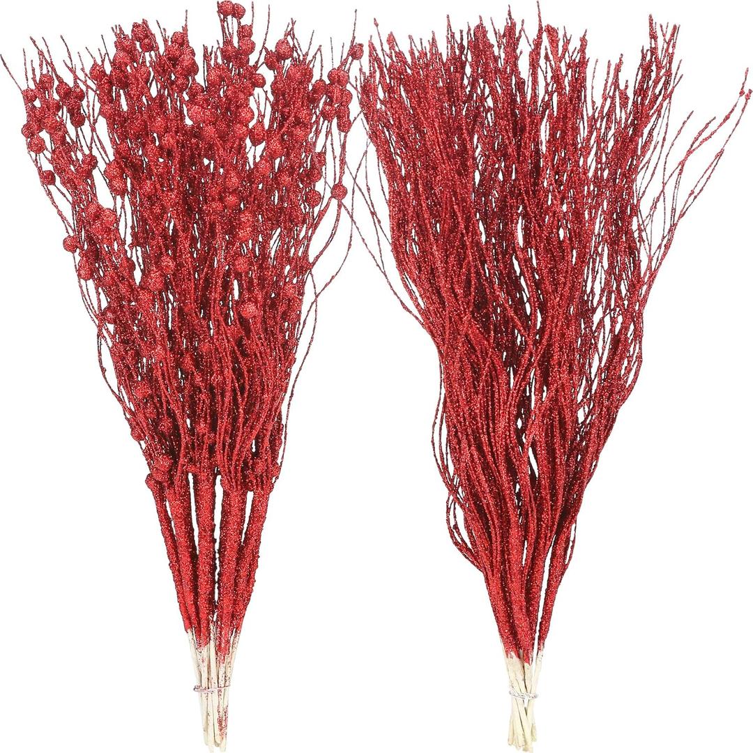 Sea Team 24-Pack Artificial Glitter Berry Stem Ornaments, Decorative Bead Sticks, Glittery Twigs, Picks, Branches for Christmas Tree, Small Vase, Holiday, Wedding, Party (15 Inches, Red)