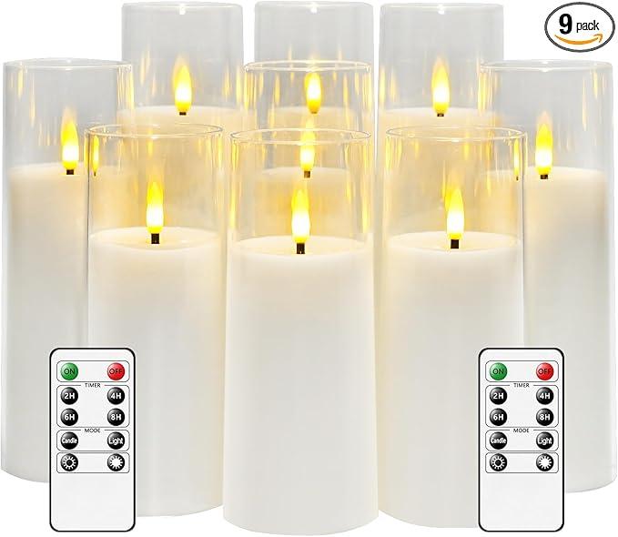 kakoya Flickering Flameless Candles Battery Operated with Remote and 2/4/6/8 H Timer Plexiglass Led Pillar Candles Pack of 9 (D2.3"xH 5"6"7")with Realistic Moving Wick Candles for Home Decor(White)