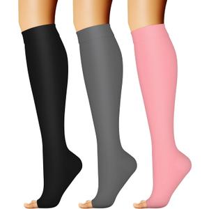 CHARMKING 3 Pairs Open Toe Compression Socks for Women & Men Circulation 15-20 mmHg is Best Support for All Day Wear (Large-X-Large, 07 Black/Grey/Pink)
