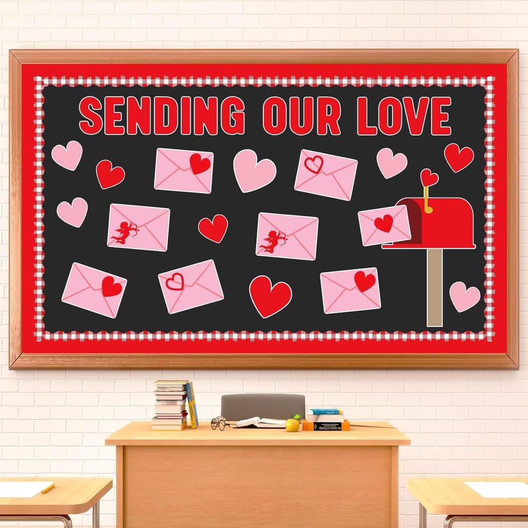 Whaline Valentine's Day Bulletin Board Decoration Love Letter Mailbox Red Pink Heart Envelope Cutouts Plaid Border Trim Valentine Heart Decorative Cutouts for School Classroom Party Decor