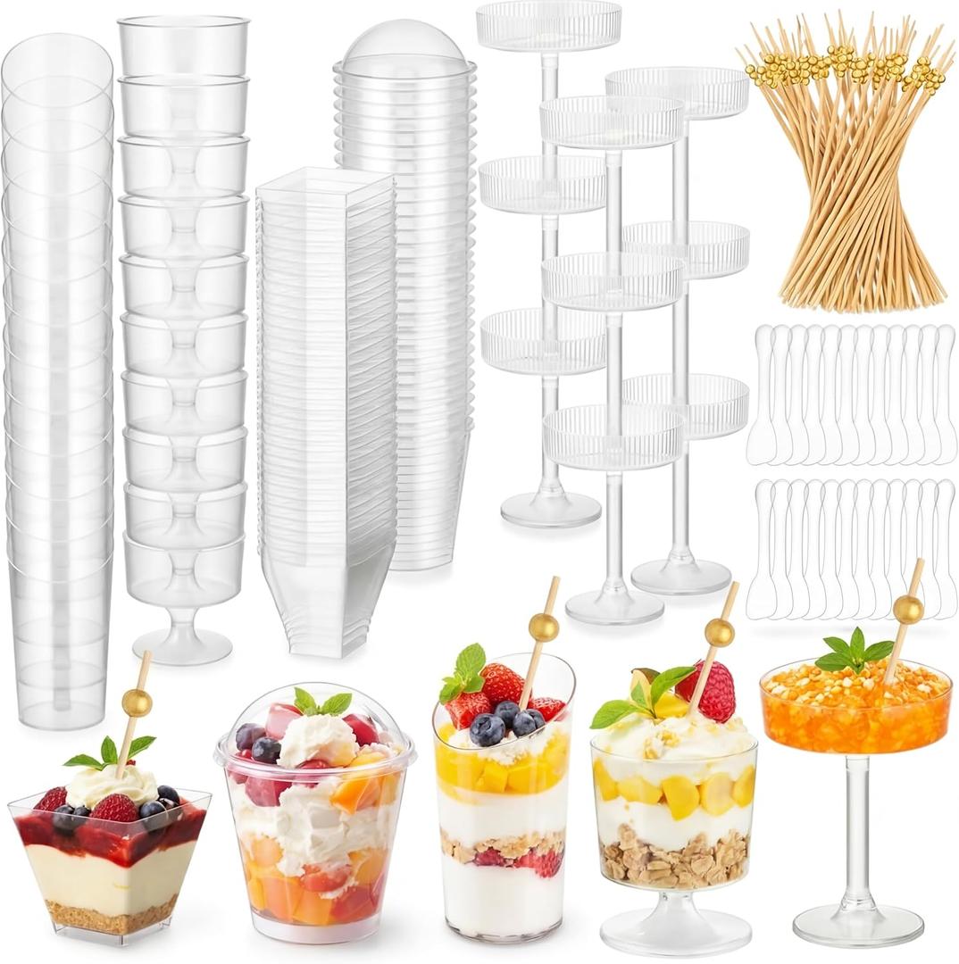 150 Pcs Plastic Dessert Cups with Spoons and Toothpicks, 2 to 7 oz 5 Styles Clear Mini Appetizer Cups Disposable for Serving Fruit Trifle Ice Cream Pudding Weddings Party(Clear, Elegant)