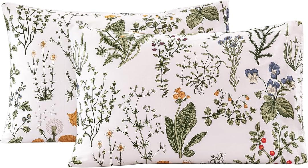 ECOCOTT 100% Cotton Pillowcases Standard Size, Floral Print Pattern Pillow Cover 2 Pack, Super Soft Envelope Closure Standard Pillow Case Set (Standard, 20"x26") (Green)