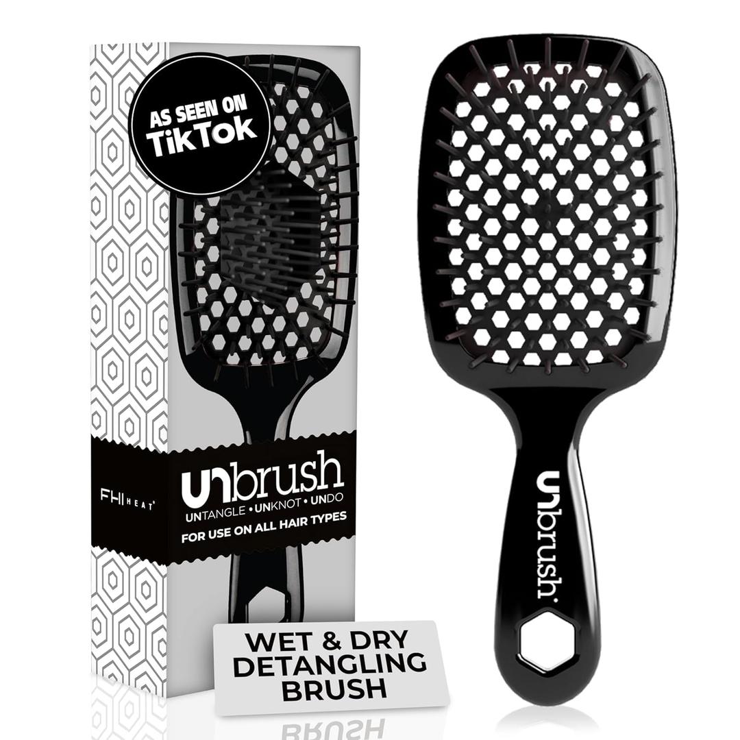 FHI Heat UNbrush Detangling Brush for Pain-Free Brushing on All Wet or Dry Hair Types  Durable DuoFlex Anti-Static Bristles, Lightweight Handle, Vented Hair Brush (1 Count (Pack of 1), Black)