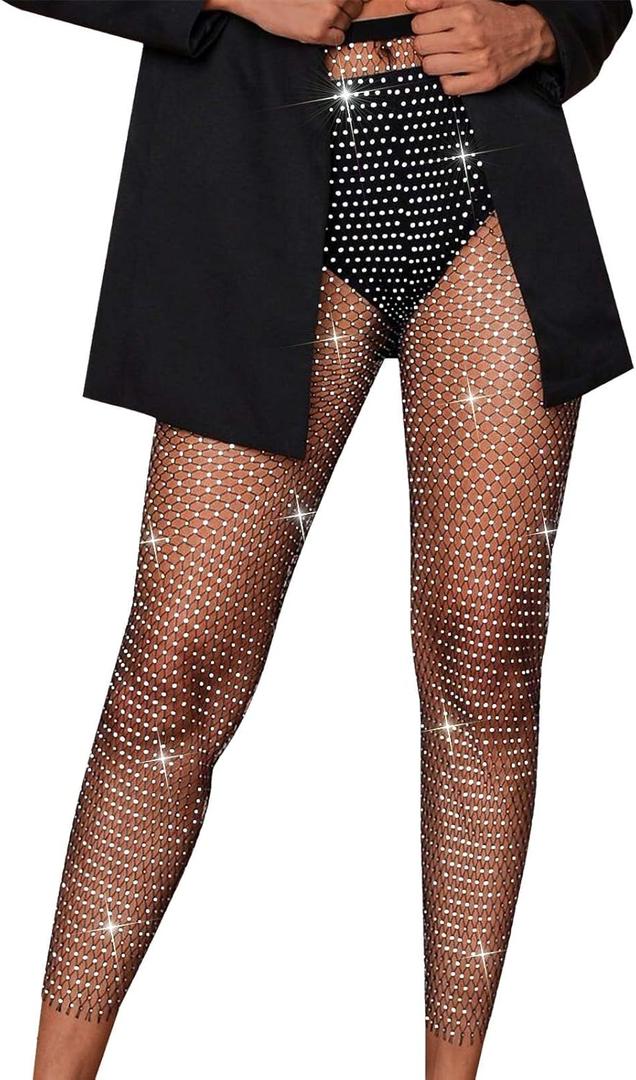 Yokawe Mesh Pants Sparkly Rhinestone Fishnet See Through Leggings Crystal Bottoms Nightclub Rave Festival Party Bikini Swimsuit Cover Ups for Women Black