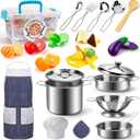Play Kitchen Accessories, Kids Kitchen Pretend Play Toys, Kitchen Set with Stainless Steel Cooking Utensils Cookware Pots and Pans Set Healthy Vegetables, Knife, Apron, Little Chef Boys Girls
