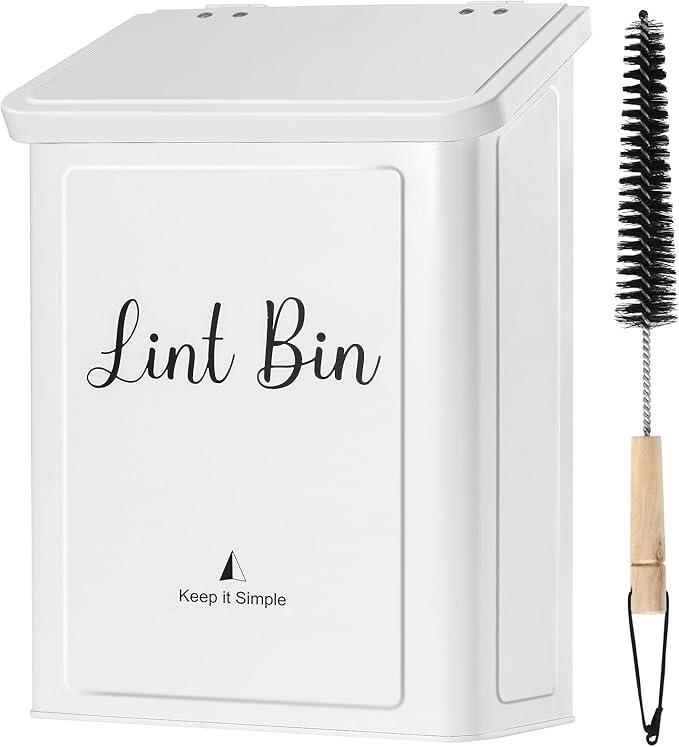SUBEKYU Magnetic Lint Bin for Laundry Room, Wall Mounted Metal Lint Box Holder Trash Can with Lid for Dryer,Lint Basket for Laundry Room Organization,White