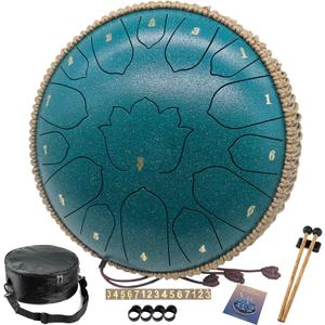 BETESINE 13-Inch 15-Note Steel Tongue Drum  C Major  Handpan Steel Drum for Meditation, Yoga & Relaxation  Includes Mallets, Music Book & Carry Bag (Malachite Green)