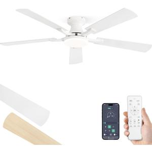52 Inch Ceiling Fan with Light, App&Remote Control, Flush Mount Low Profile, Dimmable 20W LED Light, Quiet Reversible Motor for Bedroom, Living Room, Apartment, White 