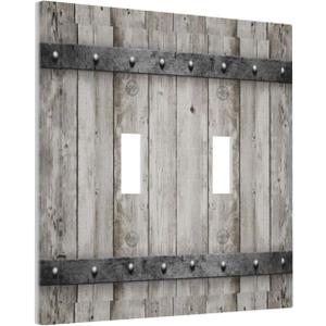 Farmhouse Grey Wood Barn Door Double Toggle Light Switch Cover Decorative 2 Gang Electrical Switchplate Faceplate Rustic Country Gray Wall Plates for Kitchen Bedroom Bathroom Decor (Plastic）