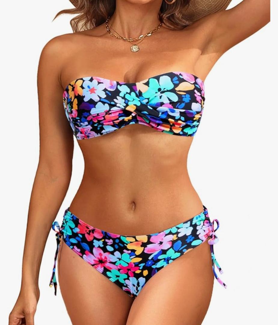 Women's Strapless Bandeau Bikini Set - Twist Front Two Piece Swimsuit Top with Side Tie Bathing Suit Bottom L
