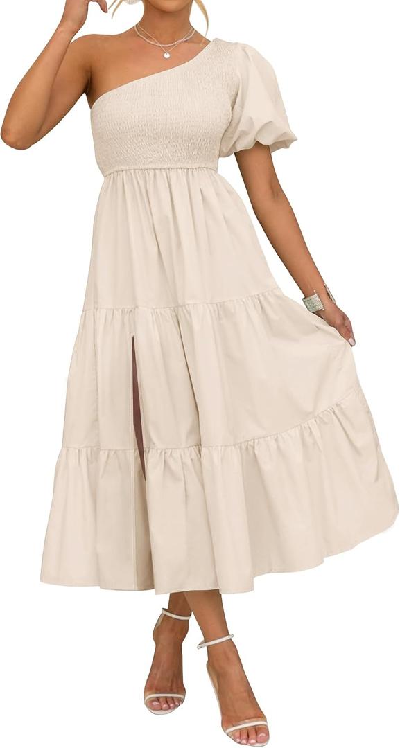 ZESICA Women's Boho One Shoulder Midi Dresses 2026 Summer Short Sleeve Smocked Split Ruffle Flowy Beach Vacation Dress (S)