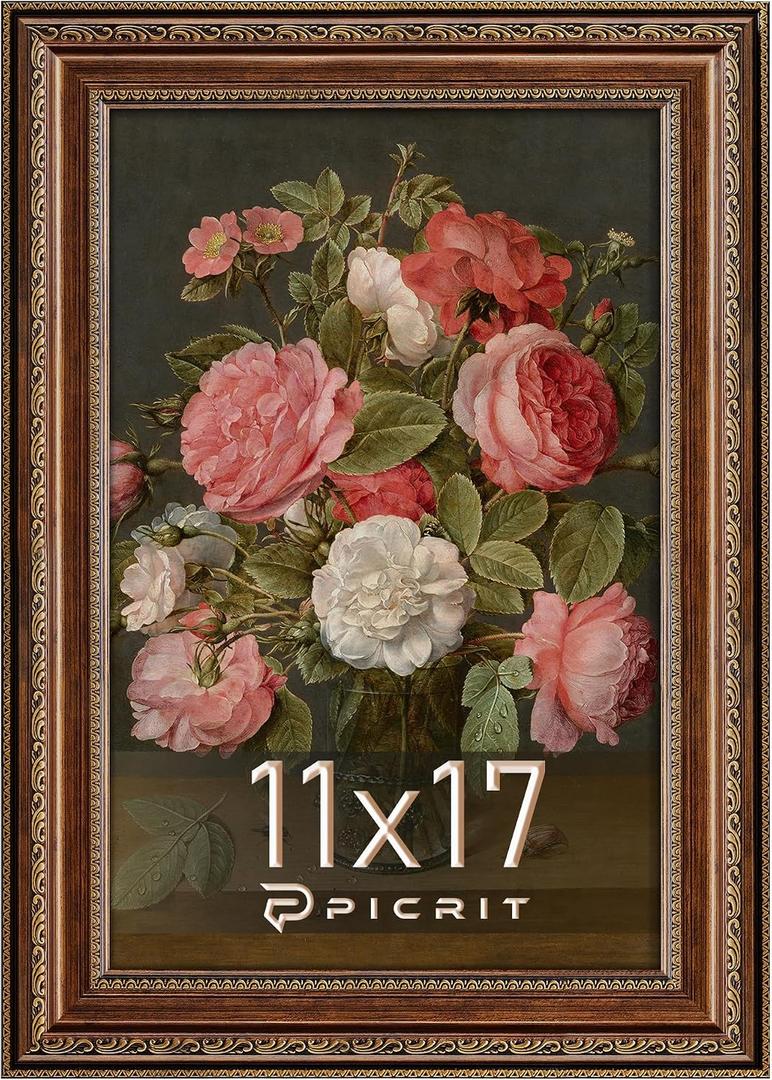Picrit 11x17 Antique Gold Bronze Picture Frame, Shatterproof Cover, 1 Pack