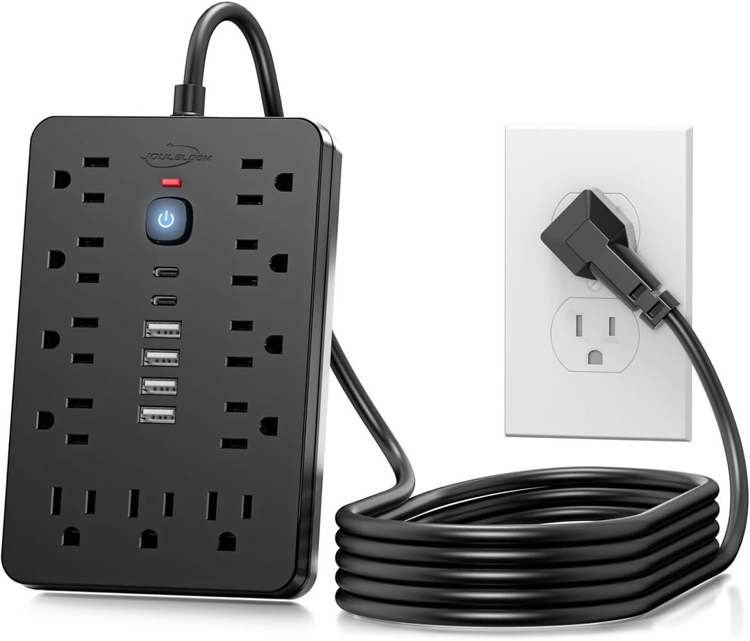 JouleLoom 20 FT Flat Plug Surge Protector Power Strip,11 Multiple AC Outlets with 6 USB Ports (2 USB C), 20 Feet Extension Cord, 1250W/10A, One Touch Switch Button, 17 in 1 Compact powerstrip