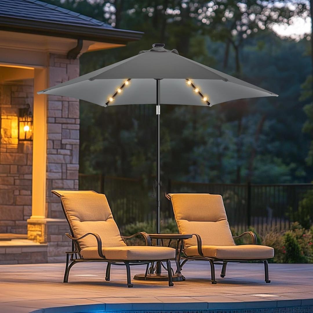 wikiwiki 7.5ft Solar Led Patio Umbrella, Sturdy Outdoor Market Umbrella for Deck, Pool, Garden w/Tilt, Crank, 18 LED Lights, Dark Gray