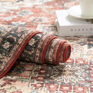 jinchan Washable Area Rug 6x9 for Living Room Ultra-Thin Soft Vintage Rug Low Pile Non Slip Distressed Rustic Carpet Oriental Medallion Large Rug for Bedroom Dining Room Nursery Room Terra Red Multi