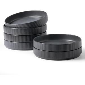 famiware Star 8.25" Pasta Bowls, Large Dinner Bowls Set of 6, Salad Bowl Plates, Shallow Bowls for Eating, Matte Dark Charcoal (Full Glaze)