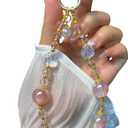 Phone Charm with Crystal/Handpainted Bead, Kawaii Hands-Free Wrist Strap for Women Girl, Cute Leopard Print Shell Bead, Luxury Bling Diamond Glitter Beaded, Phone Lanyard