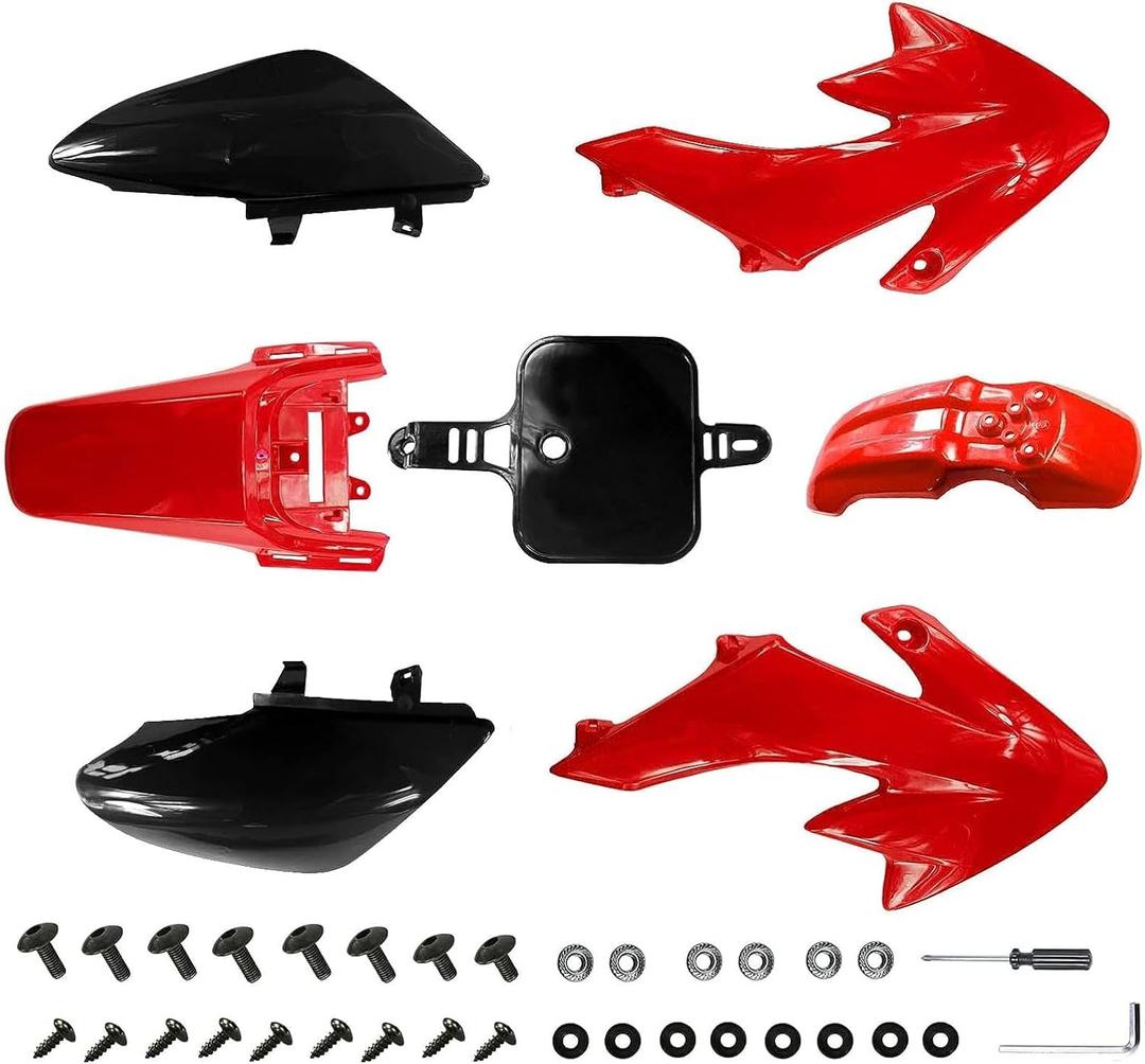 PRO BAT 7 PCs CRF50 Plastic Fender Kit XR50 Fairing Fender Kit Motorcycle Complete Fender Fairing Body Work Kit Fit for CRF 50 XR 50 SDG SSR 107 110 125 Pit Dirt Bike, Red&Black