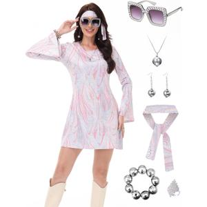 70s Disco Outfit Women - Vintage Sequin Go Go Dance Dress Costume - Shiny Disco Dress for 70's Theme Parties (Pink)
