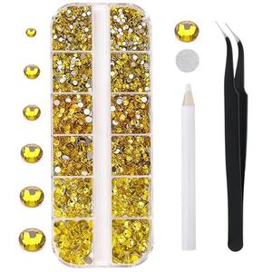3792pcs Yellow Crystal Flatback Rhinestones Glass Diamantes Round Gems for Crafts Nail, Makeup, Clothes, Mixed 6 Sizes with Wax Pencil and Tweezer Kit(SS6~SS20)