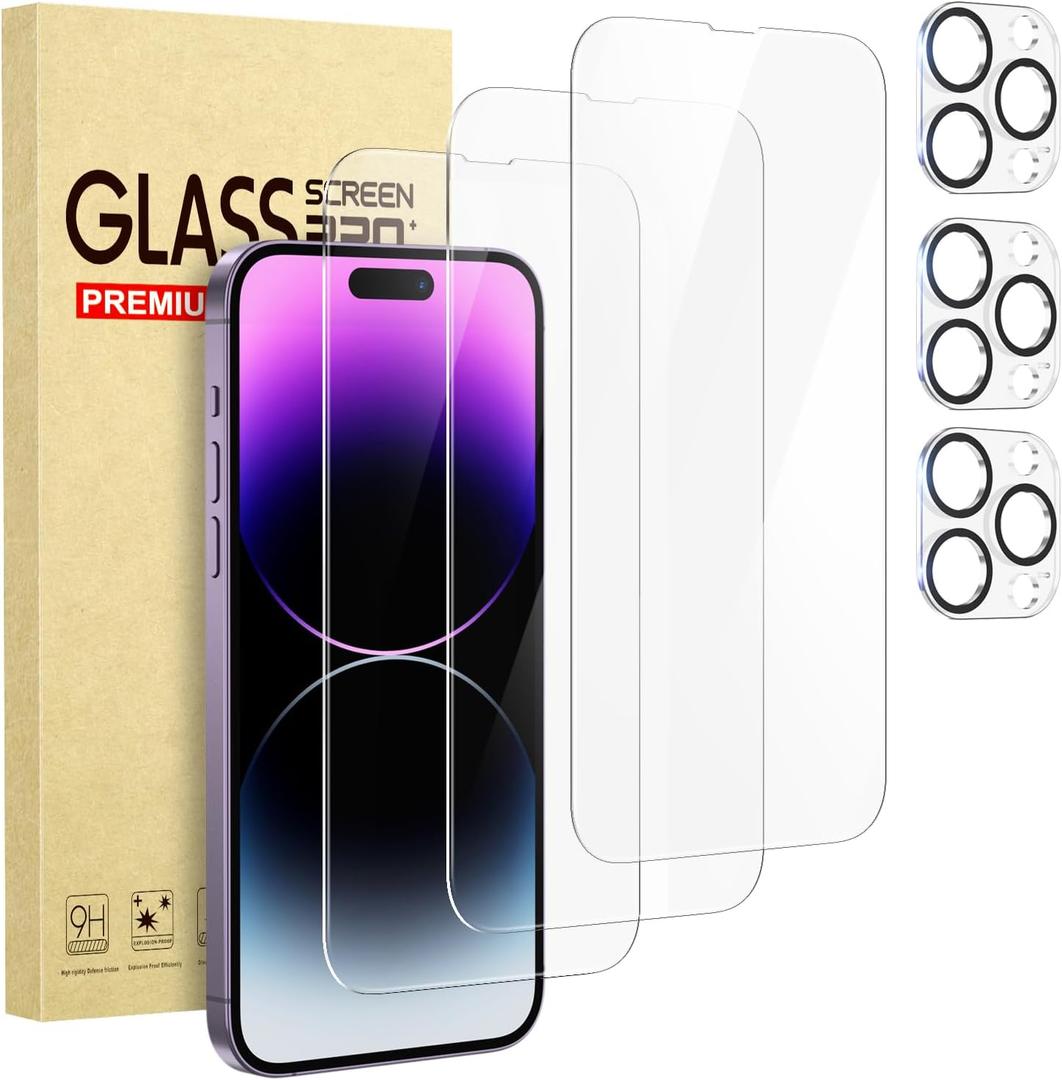 Cutebe 3 Packs Screen Protector for iPhone 14 Pro Max + 3 Packs Camera Lens Protector with Tempered Glass, Touch Sensitive and Case Friendly