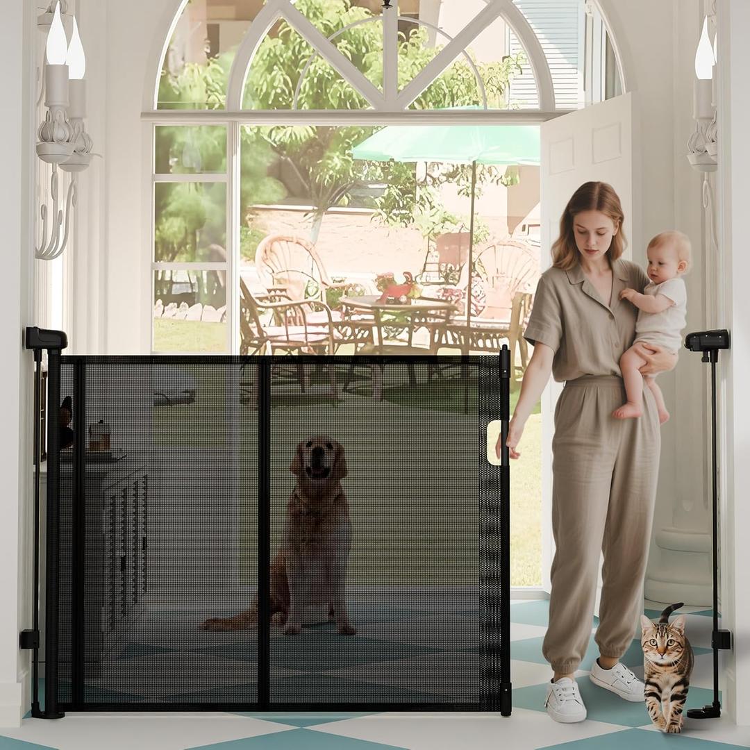 Retractable Baby Gates for Stairs, 55" Wide Baby Gate Dog Gate, 41" Tall Retractable Pet Gate for Doorways, Child Safety Gates Mesh Gate with Fiberglass Rods for Stairways, Hallways, Indoor/Outdoor (Black)